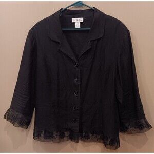 Shirt 2X I S C black button Up 3/4 Sleeves Lace Trim womans